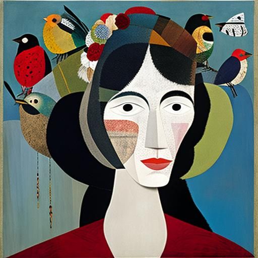 Girl with Bird: Naive Art Portrait