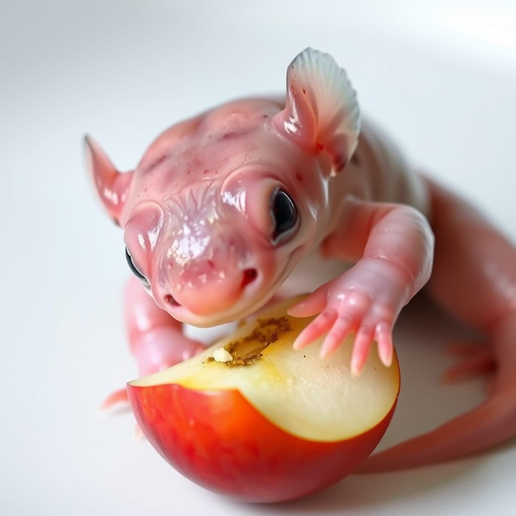 A Baby Axolotl Savoring a Juicy Apple