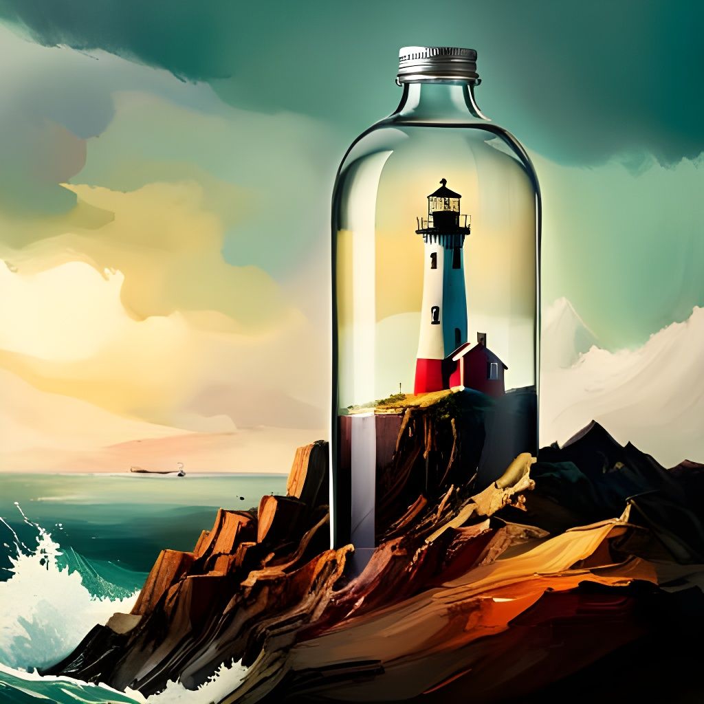 Lighthouse in a Bottle: Splash Art Oil Painting