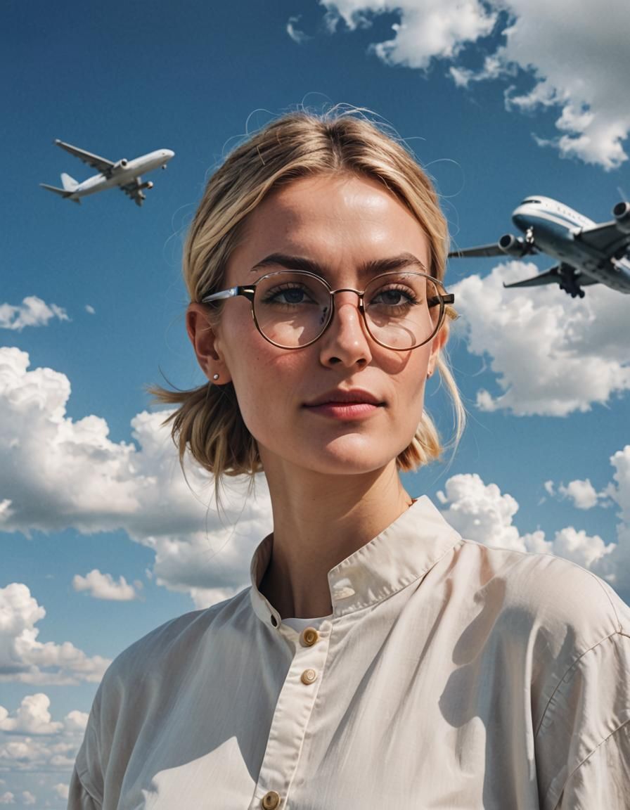 Blonde Woman Portrait with Airplane in Sky
