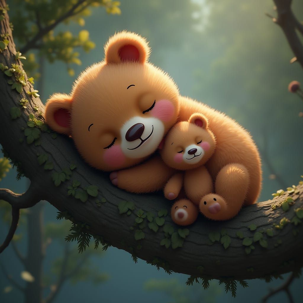 "Cute baby bear smiling and sleeping on a tree branch, cuddl...