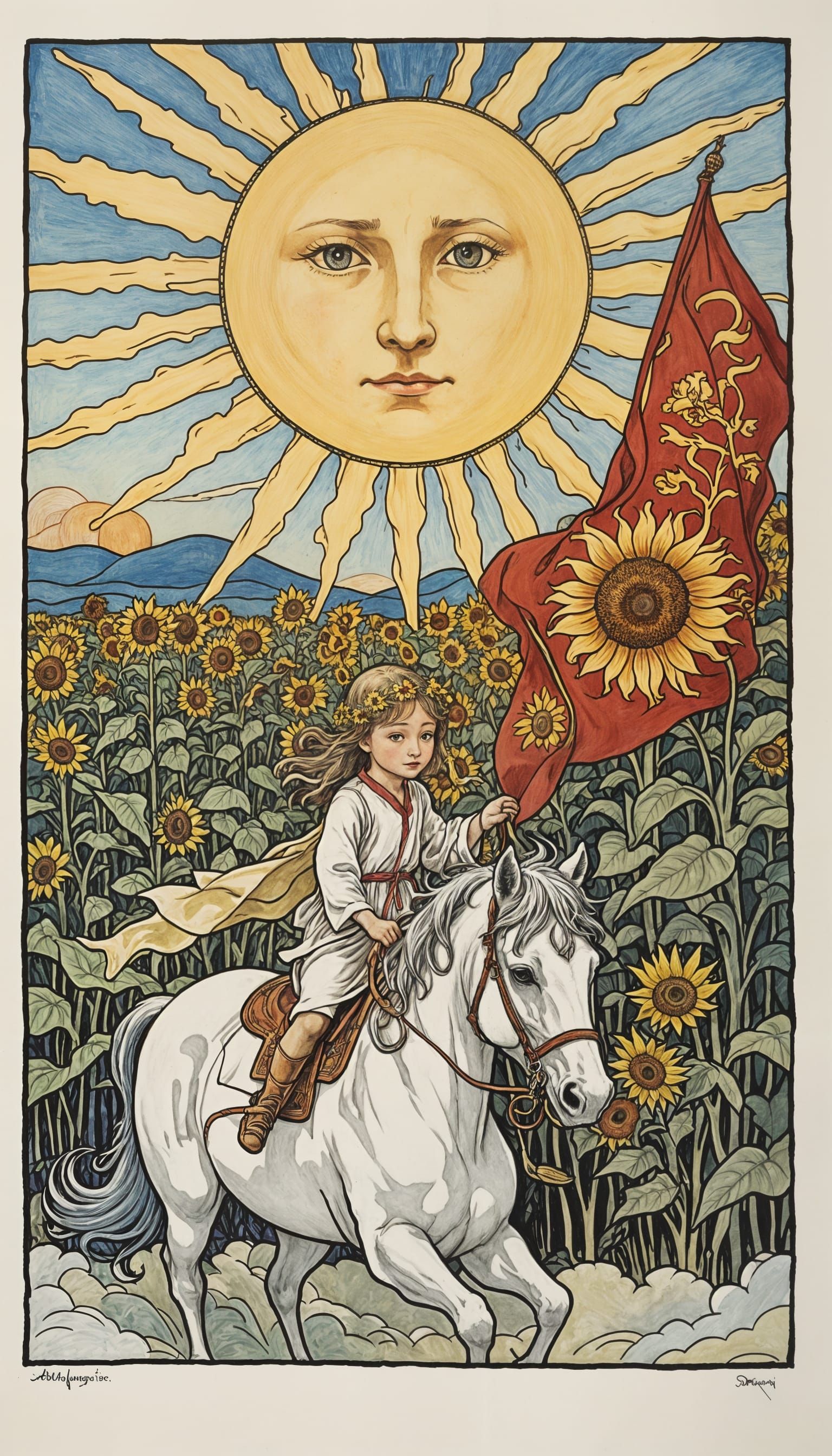Serenely Joyful Child Rides White Horse Amidst Sunflowers in...