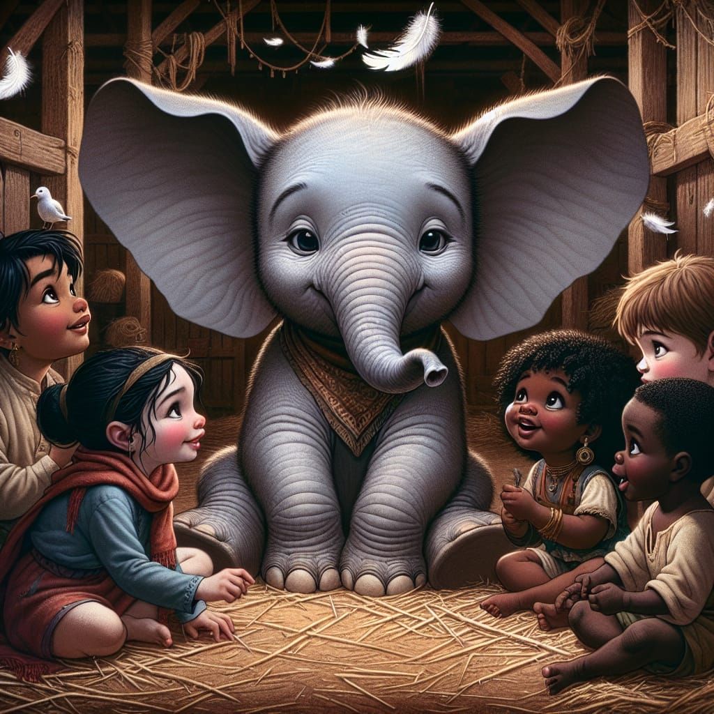 Adorable Elephant Cub and Children in Barn