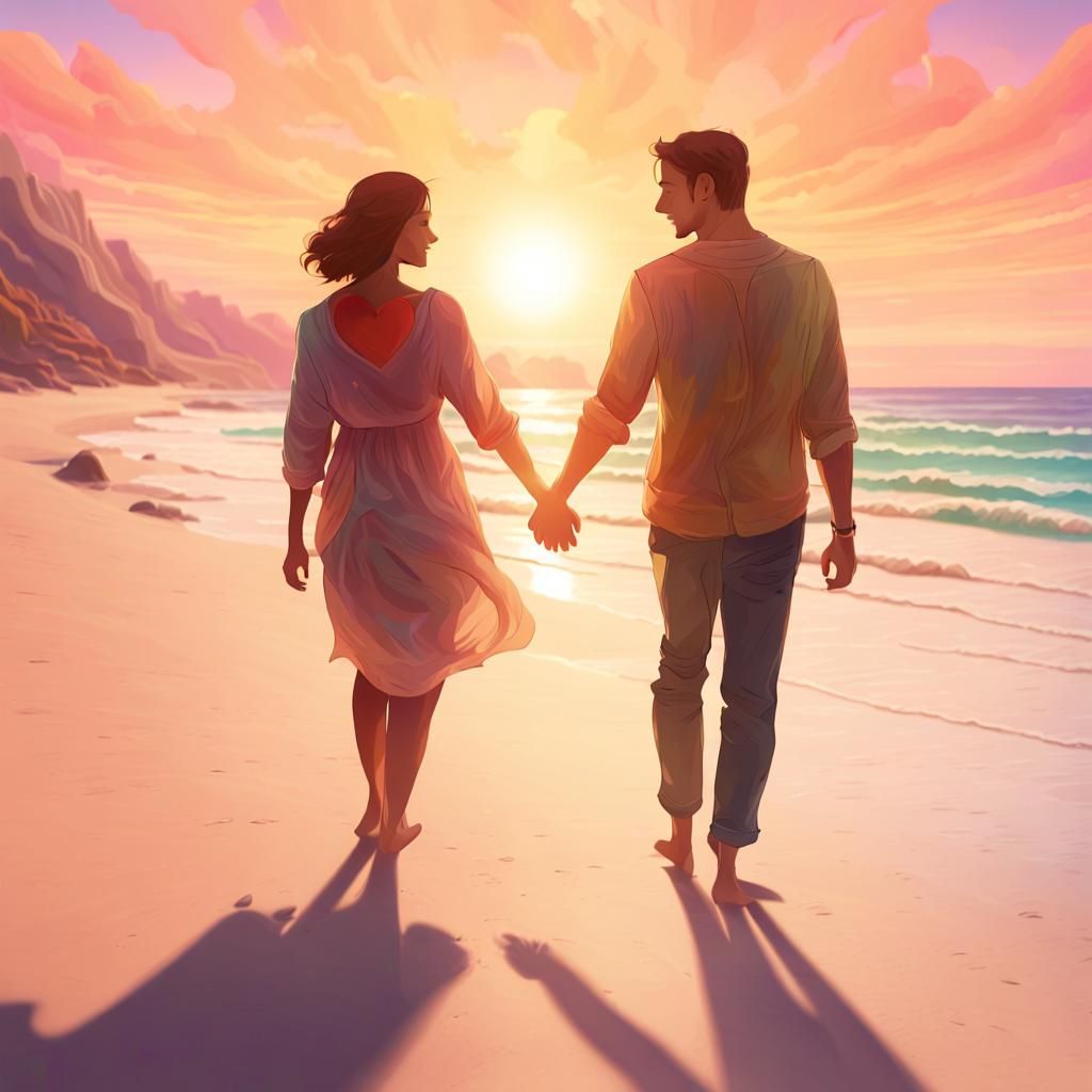 Romantic Couple Walking on Beach in Colorful Light