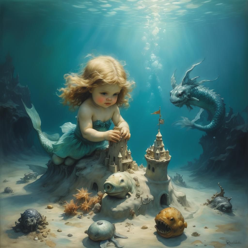 Mermaid Child Builds Sandcastle: Arthur Rackham Style