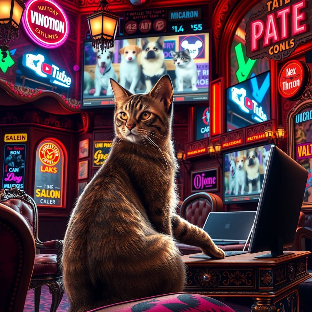 Regal Feline Watches Dogs in Vibrant, Neon Saloon Scene