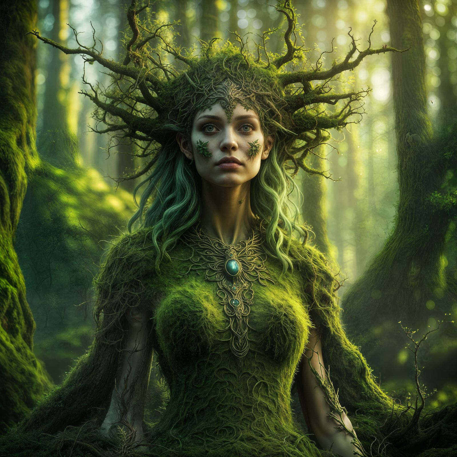 Sunlit Forest Deity in Detailed Matte Painting