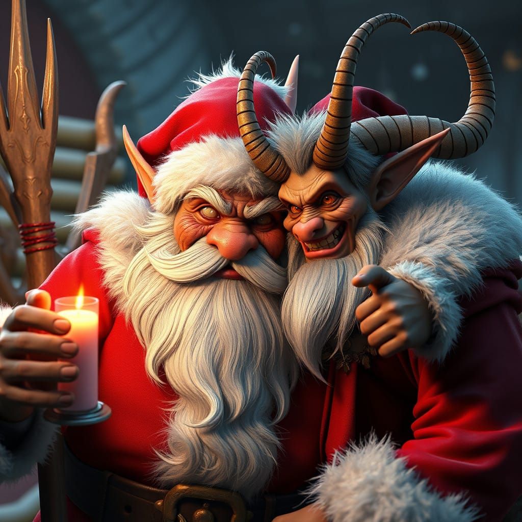 Surreal Santa Claus and Krampus as Cyberpunk Anime Concept A...