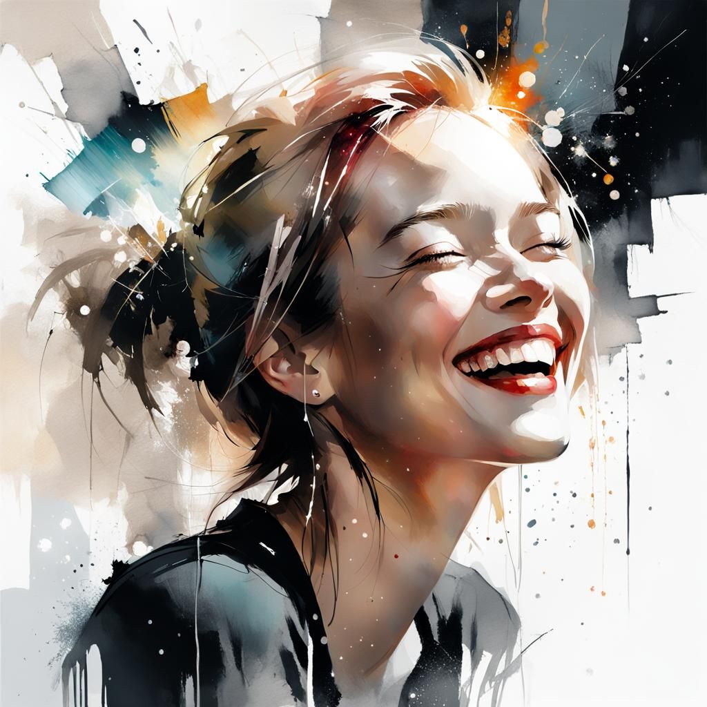 Laughing Girl Portrait in Alcohol Ink Style