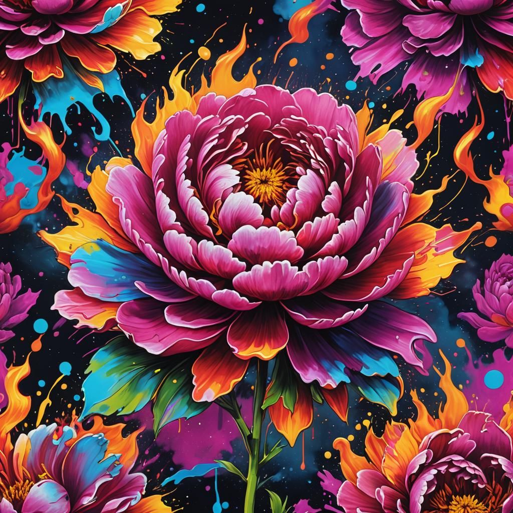 Neon Peony with Galaxy Background in Graffiti Art