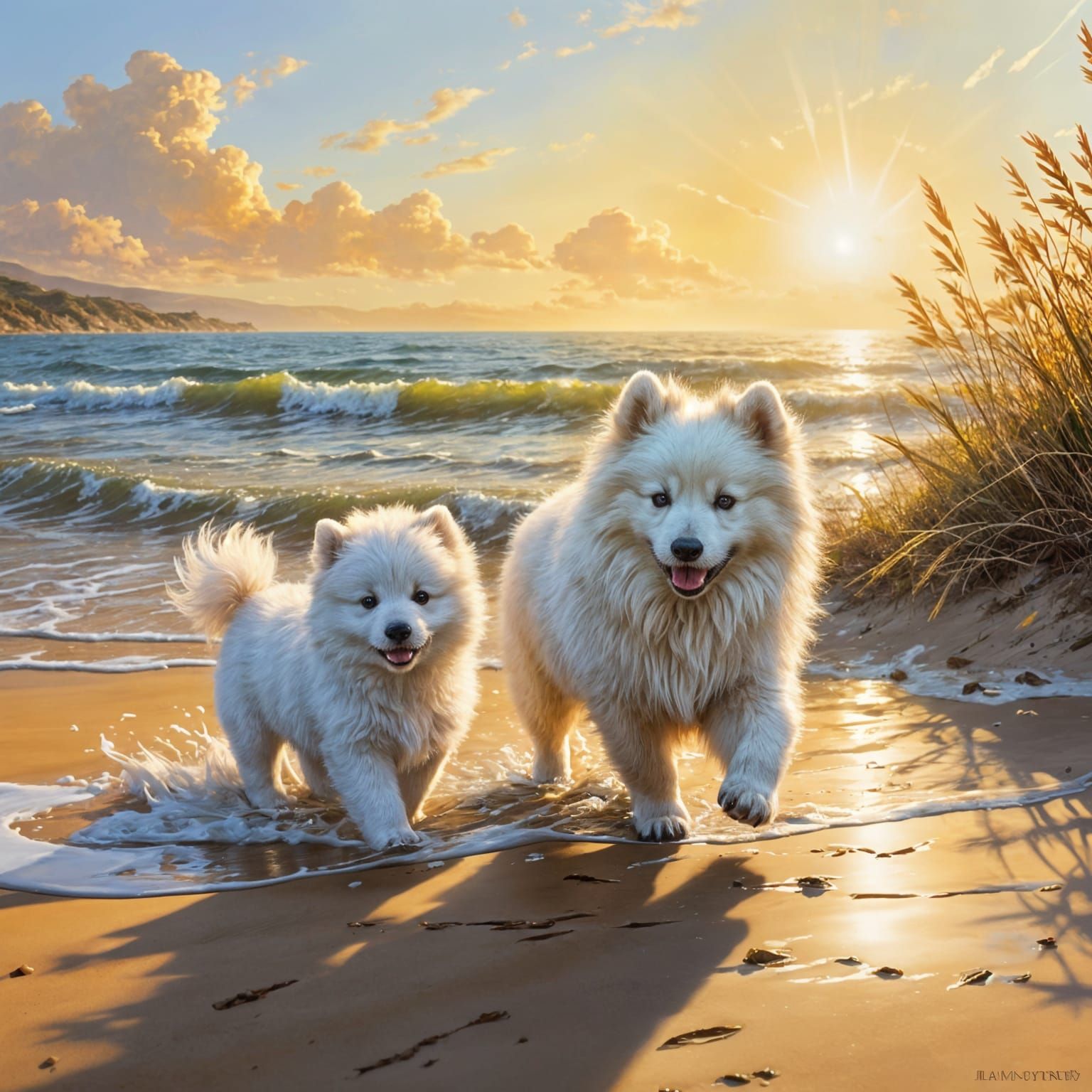 Panda Cub and Puppy Frolic on Sunny Beach