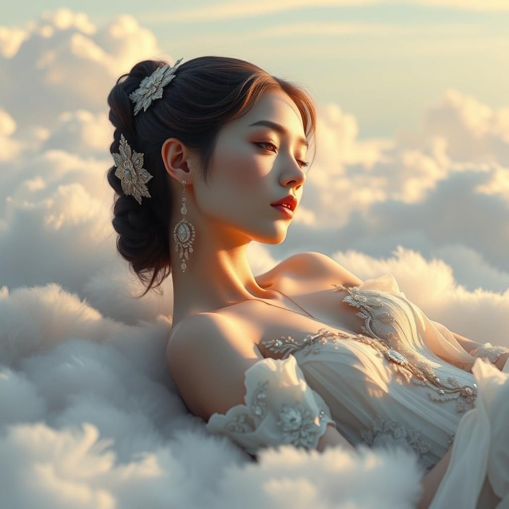 Ethereal Woman Reclining on Clouds in Art Nouveau Style
