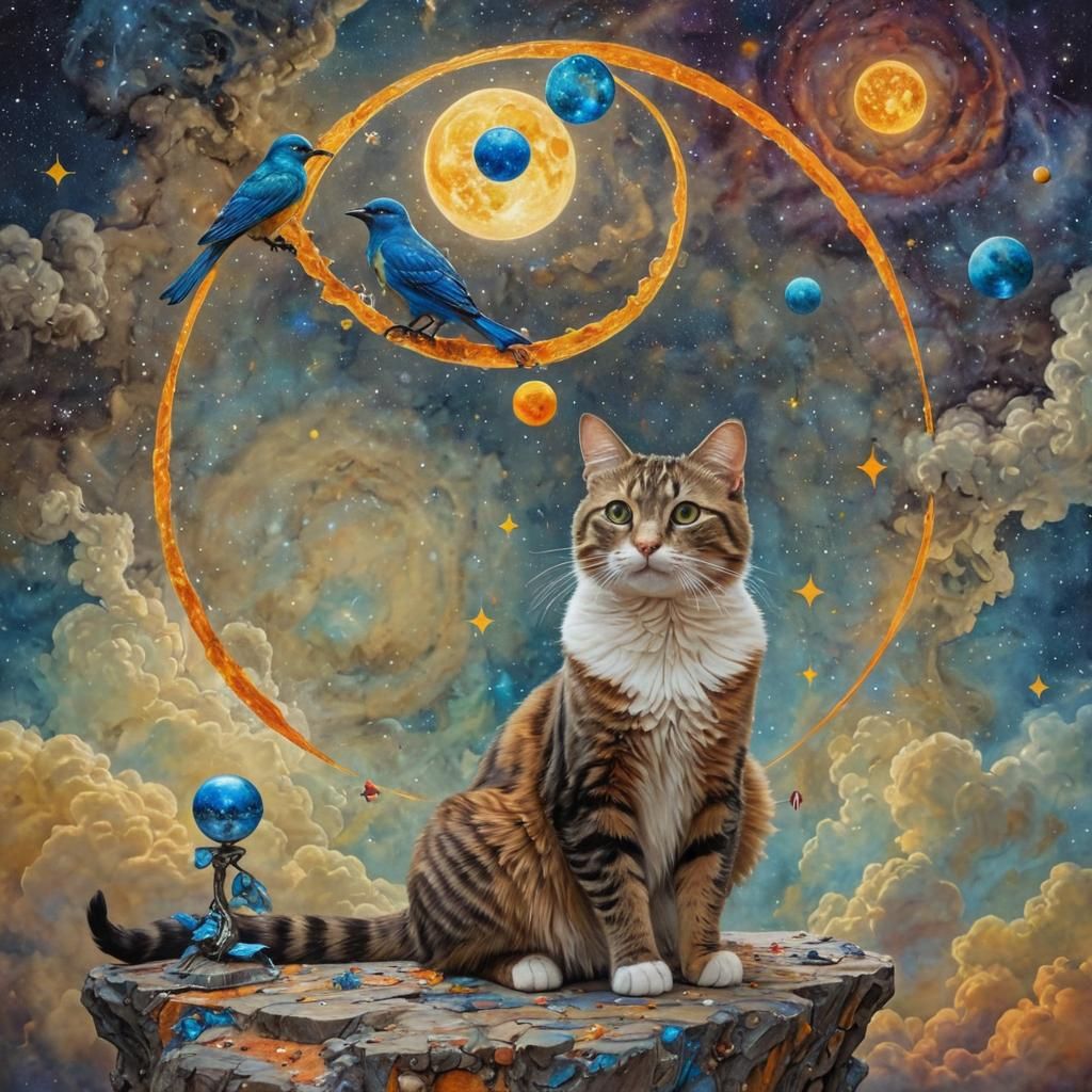 Magical Starry Sky with Cat and Bird