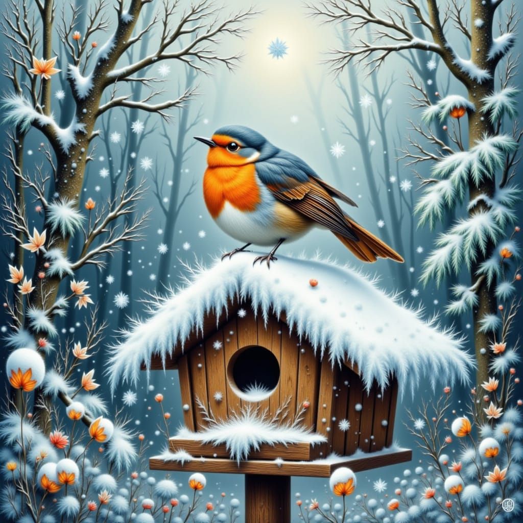 Vibrant Robin in Snowy Forest Folk Art Style