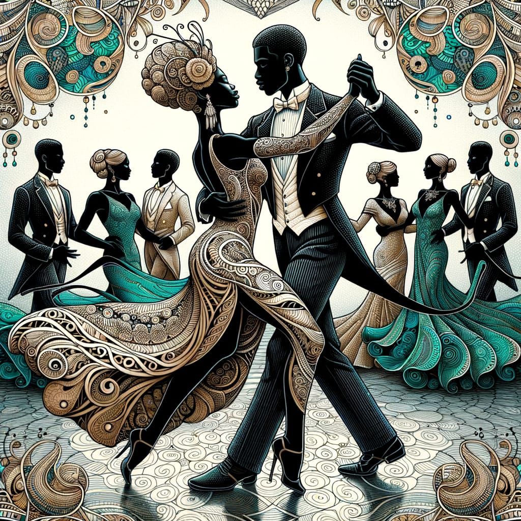 Elegant Black Couple Dancing in Zentangle Ballroom