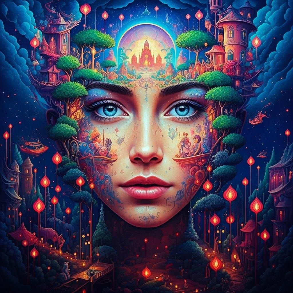 Surreal Face Merging with Utopian Landscape as Impasto Oil P...