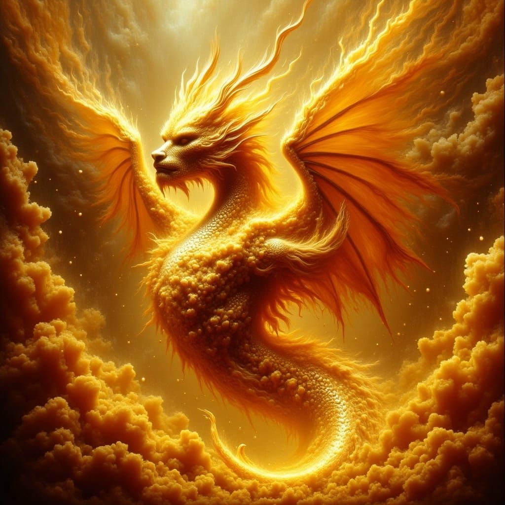 Golden Dragon Bursting from Lava, Gritty Fantasy Art
