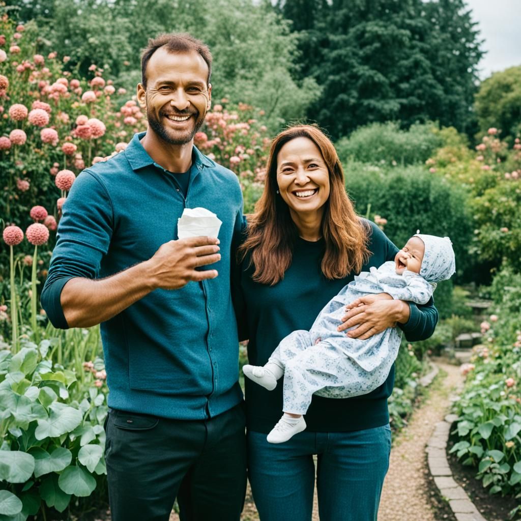 Make a man and a woman standing in a garden. The woman got a baby in its hand. They look very happy. They are both aroun...
