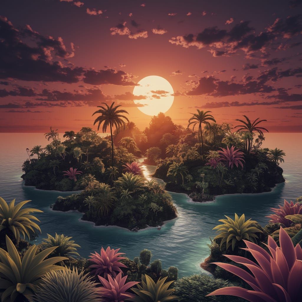 Tropical Island Sunrise in Golden Light