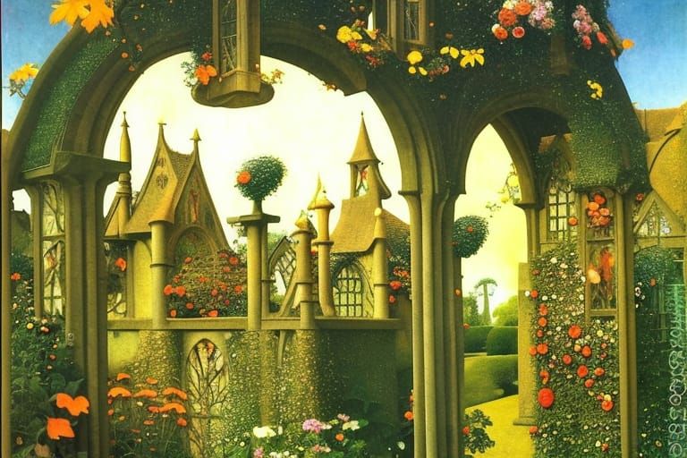 Enchanted Garden with Gothic Archways and Flowers