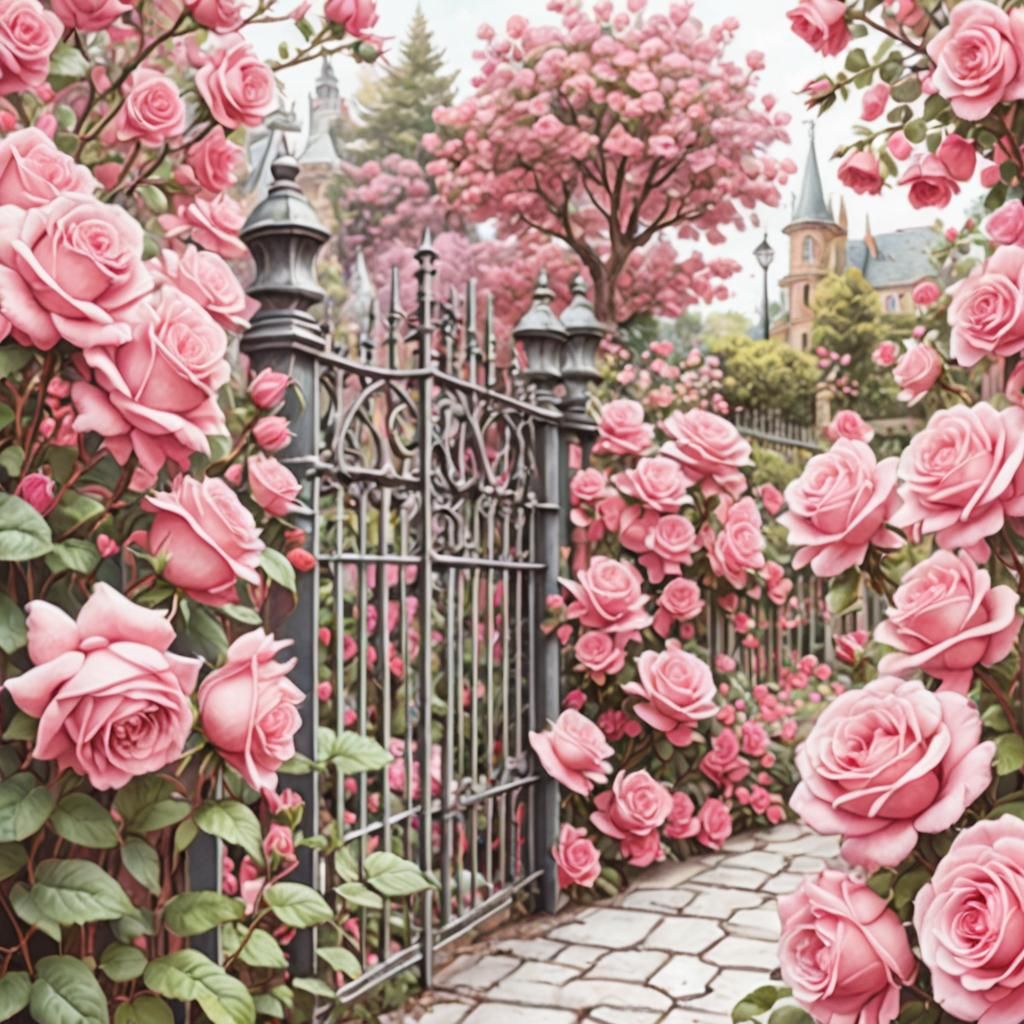 Pink Roses Overflowing on Iron Fence Coloring Page