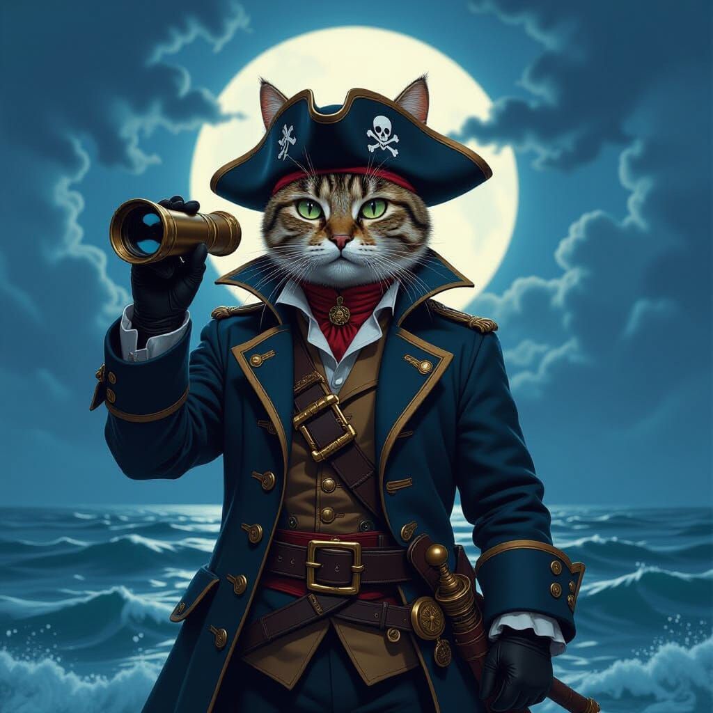 Cat-Pirate Captain with Spyglass in Detailed Digital Art