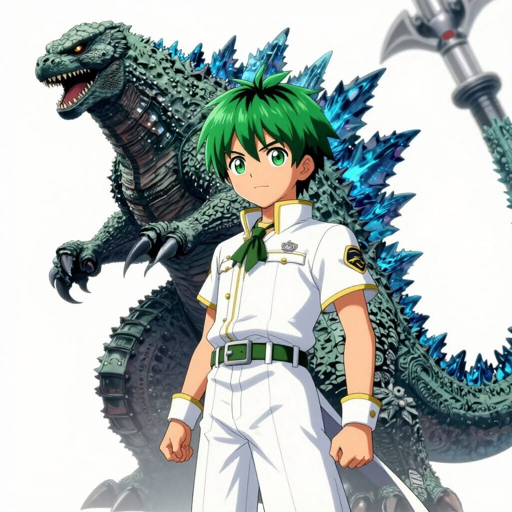 Young Boy in White Noble Attire Fights Godzilla