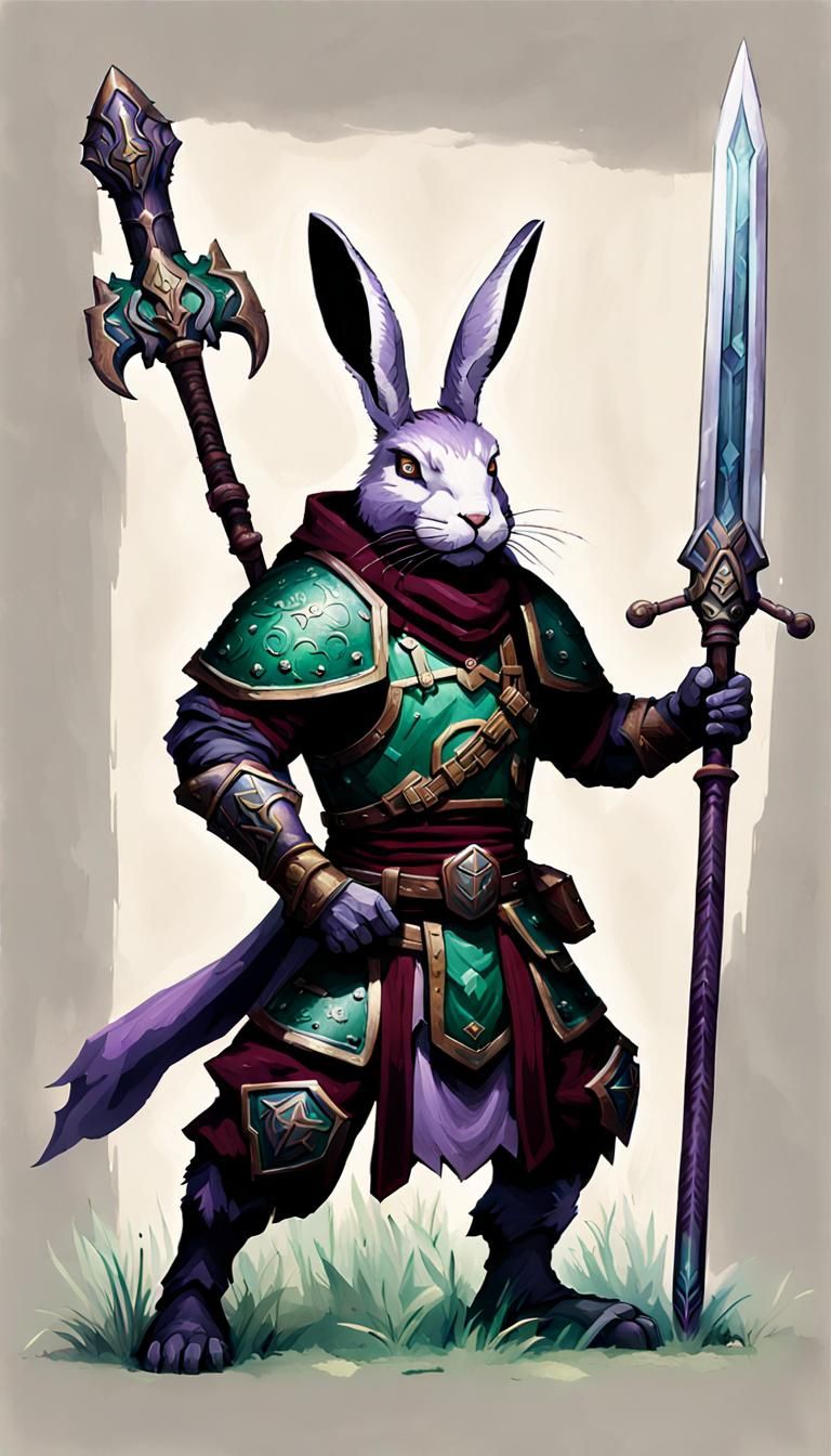Rabbit Warrior in Lush Forest, Ethereal Fantasy Style