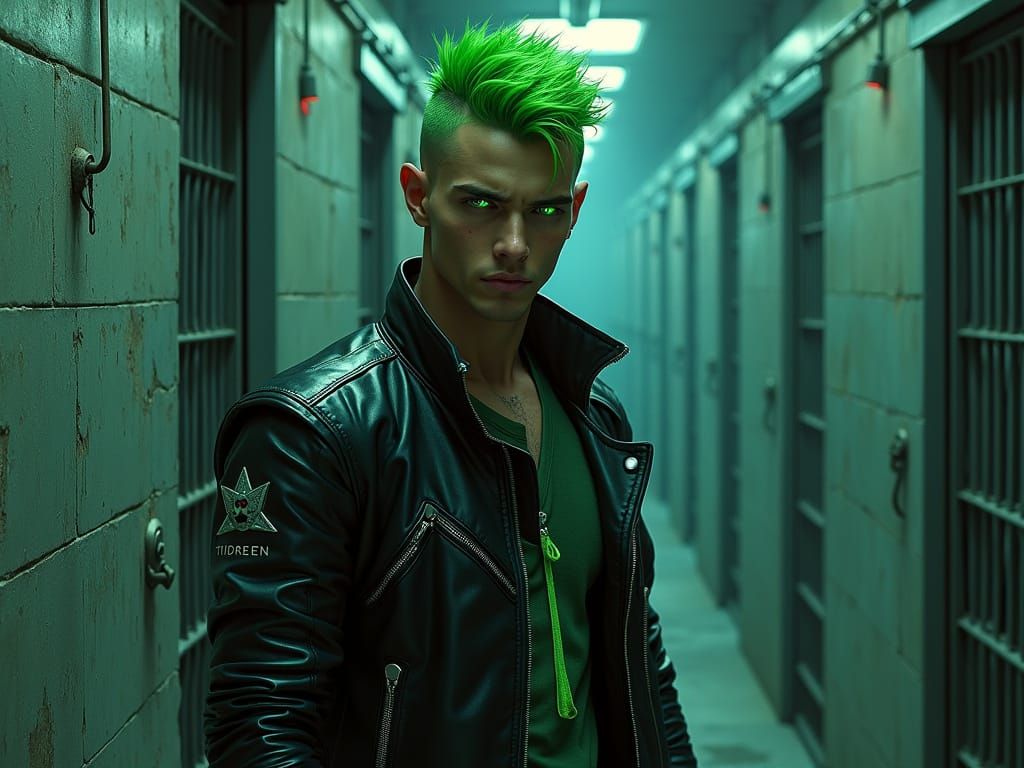 Cybernetic Cyborg in Neon-Lit Jail Cell