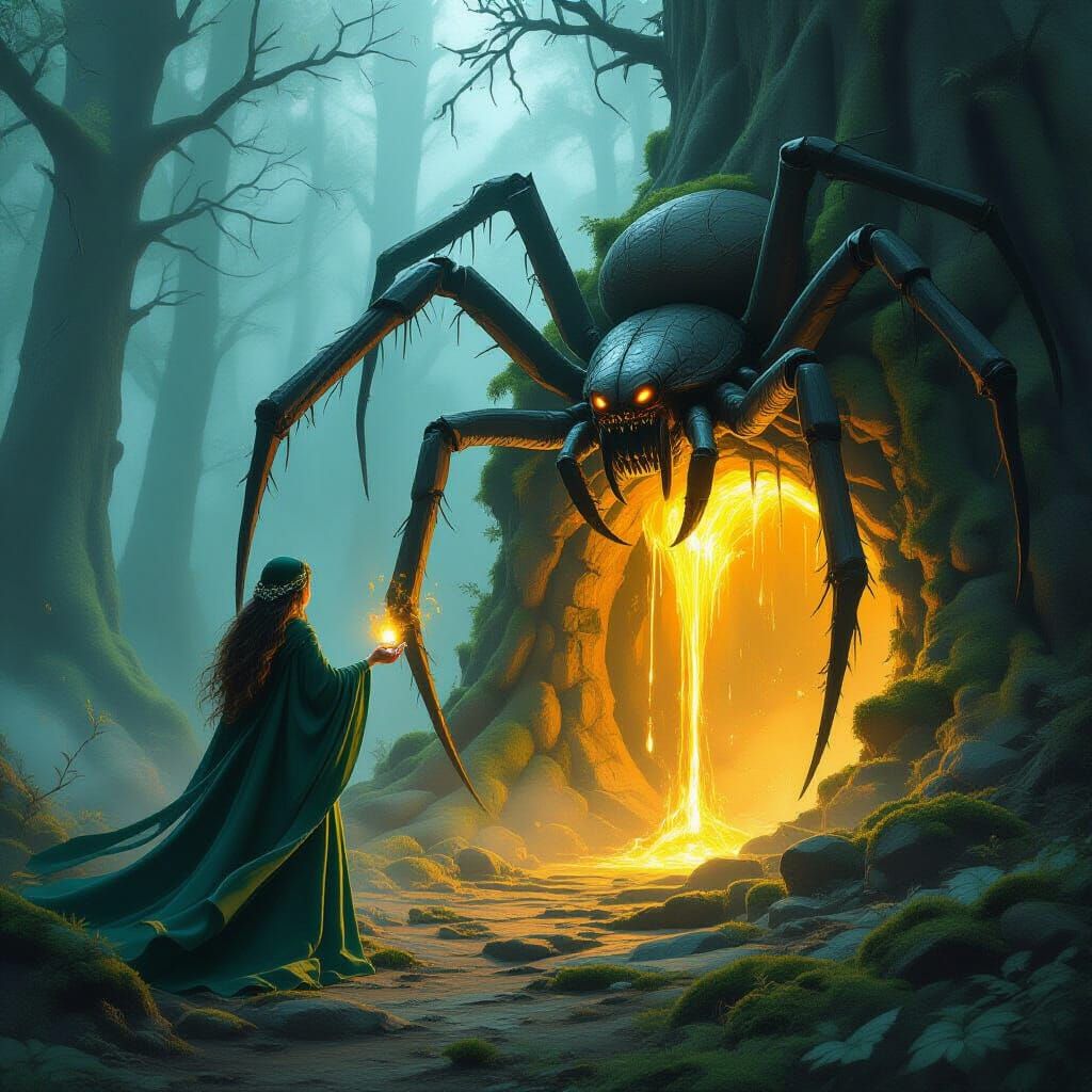 Emerald Elf Conjures Spider Spirit in Digital Art