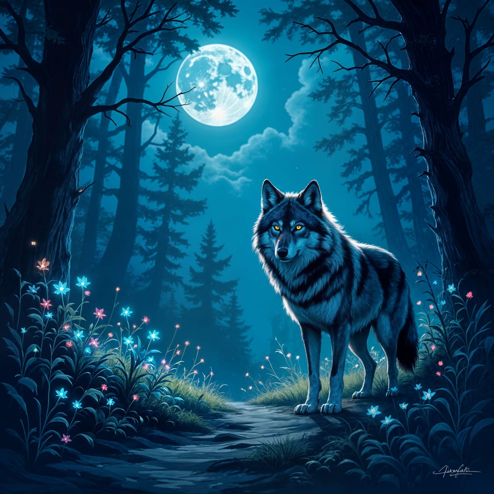 Lone Wolf in Moonlit Forest with Glowing Flora