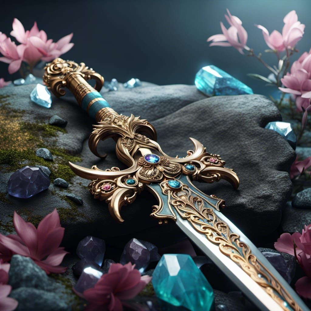 Ornate Sword in Gemstone Rock: King Arthur Tale