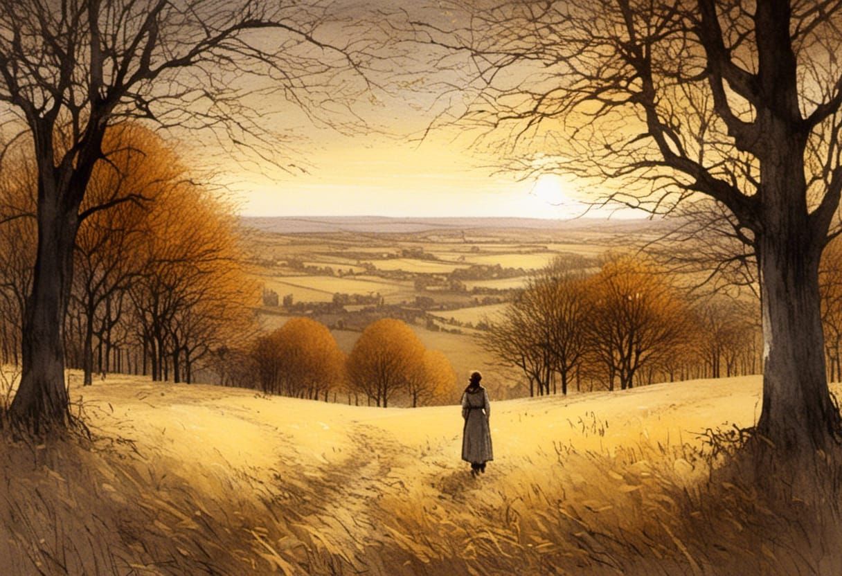 Woman in Sunny Autumn Orchard as Van Gogh Painting