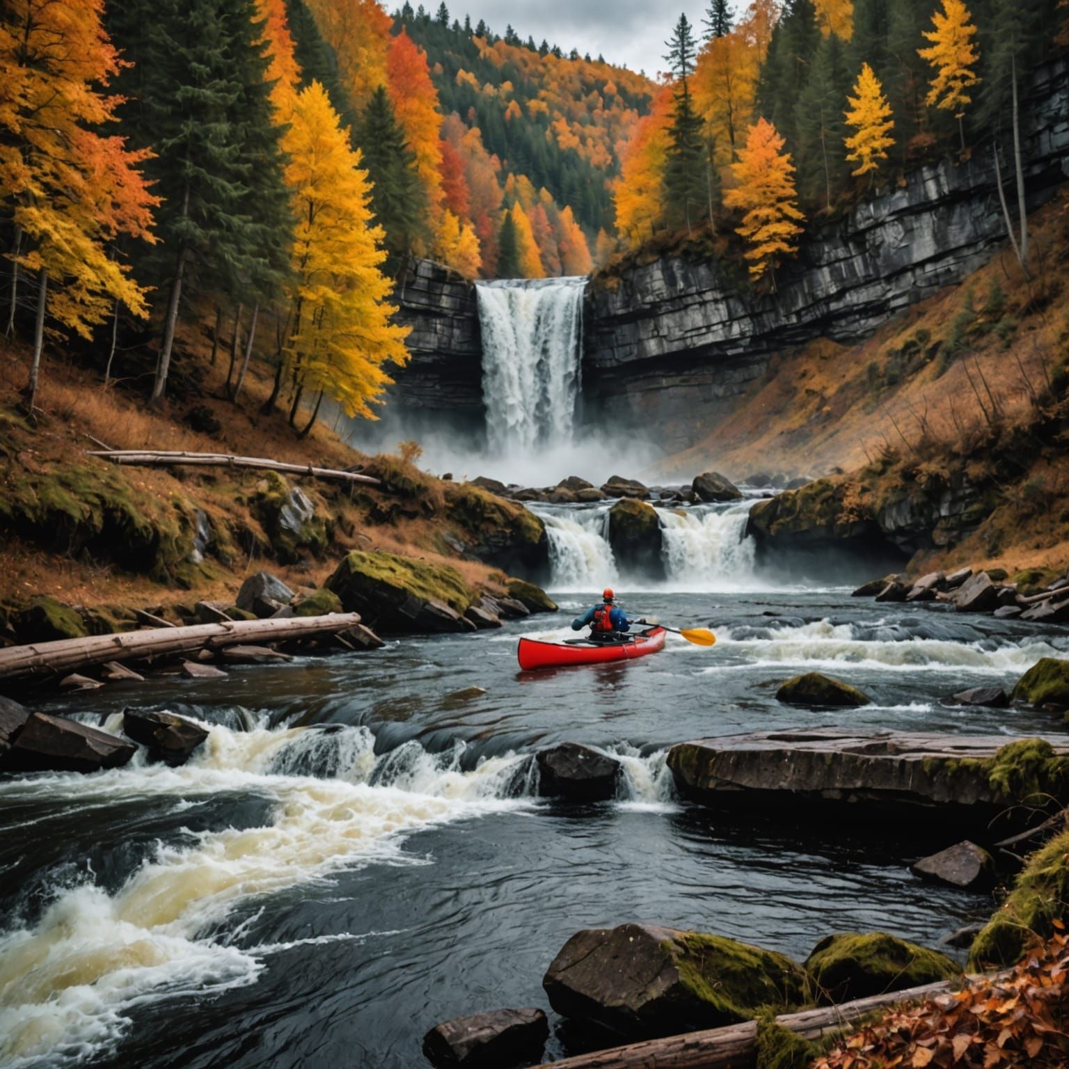 Canoeist Over Autumn Waterfall in Moody Cinematic Style