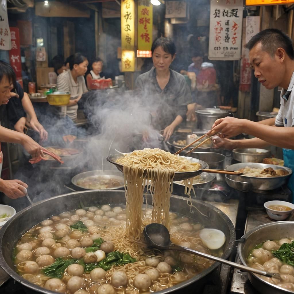 traditional Fishball Noodles stall from Teochew and Fujian provinces stands.
