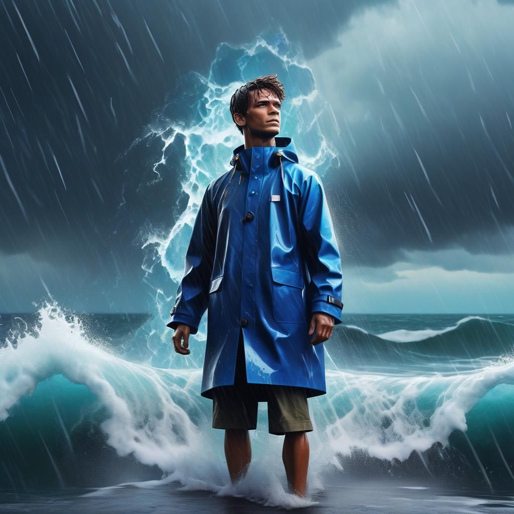 Sapphire Storm: Boy Hero in Double Exposure Sea