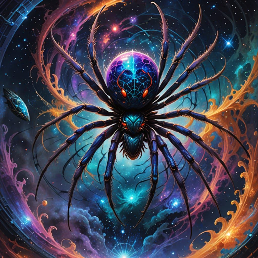 Cosmic Spider Emerging from Vibrant Nebula