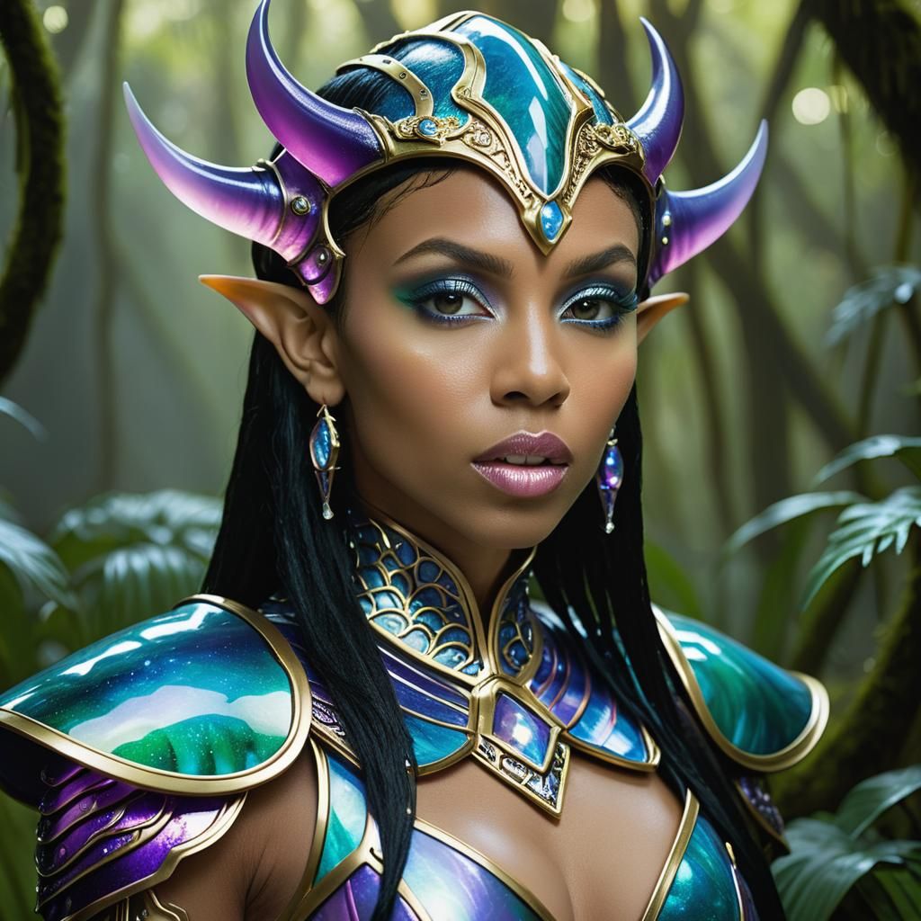 Luminescent Jungle Warrior Portrait in Opalescent Armor