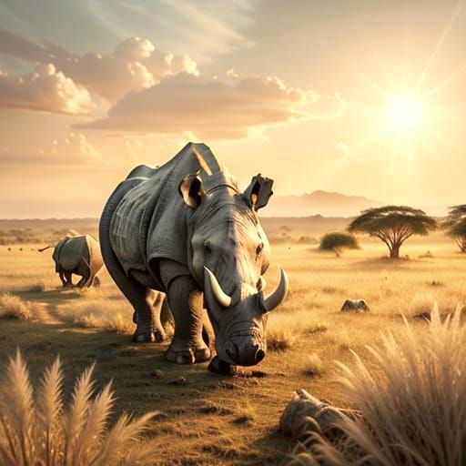 Crystal Rhino Grazing over the Savannah at Sunset