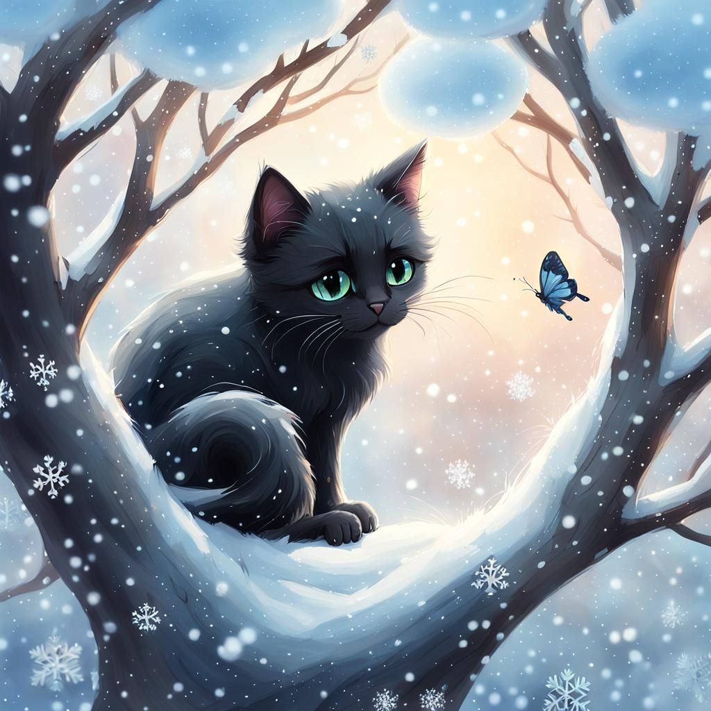 Black Cat with Butterfly in Snowy Tree Hole