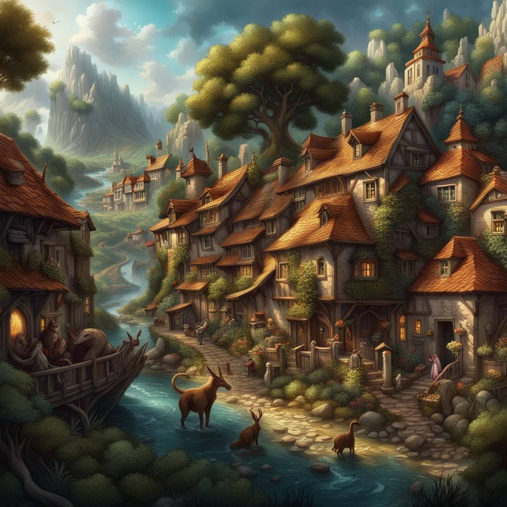 Utopian Village with Mythical Beasts in Harmony