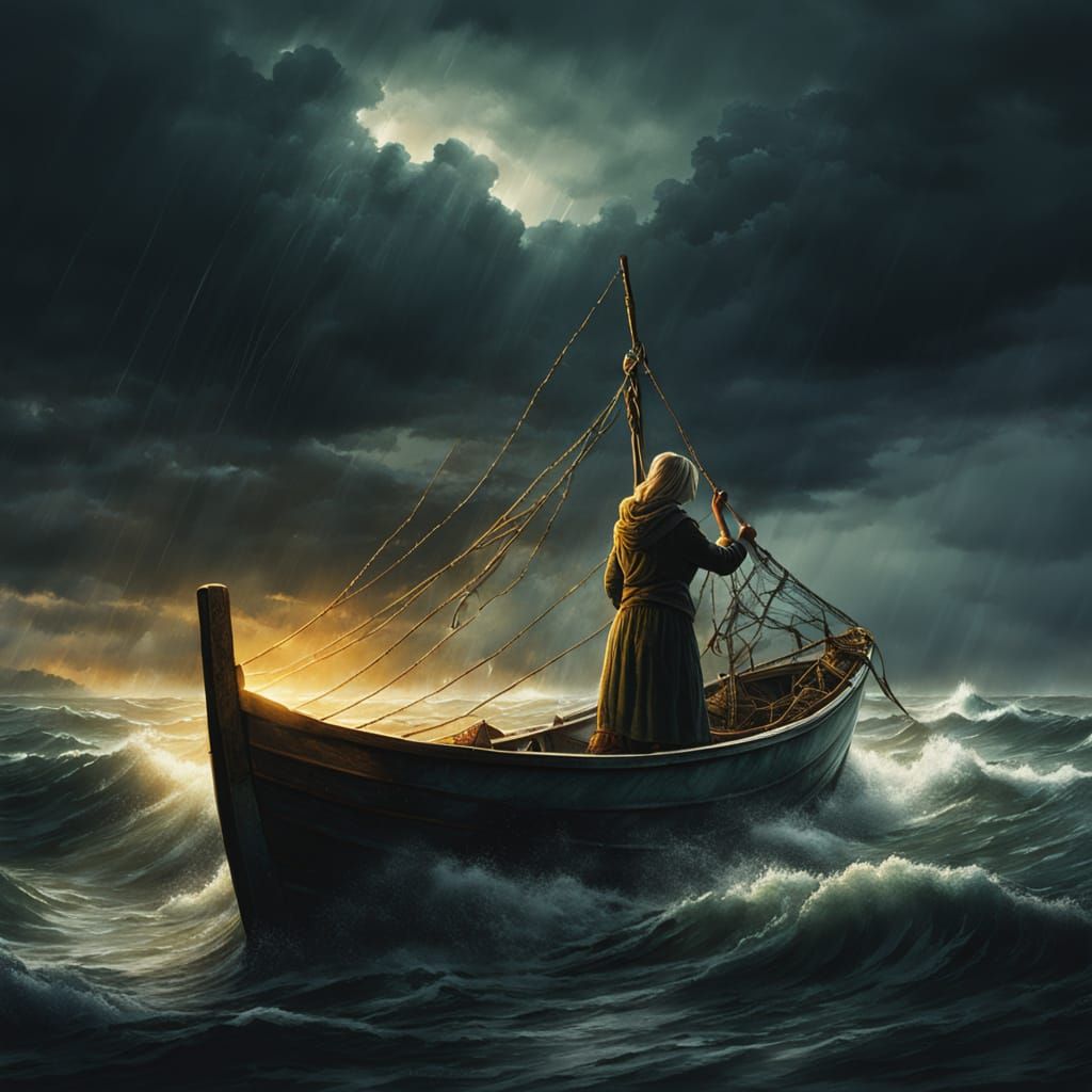 Fisherwoman and Approaching Storm in Ethereal Fantasy Style