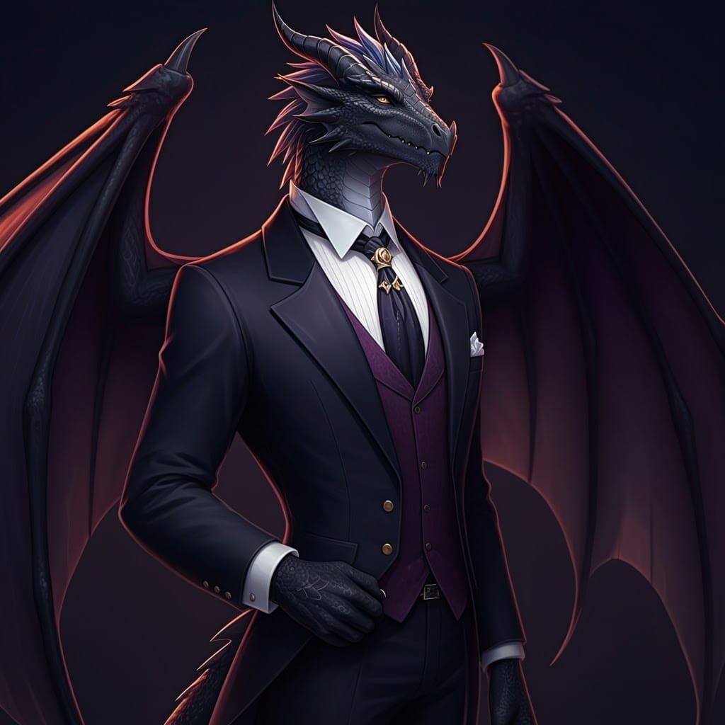 a black dragonborn butler with wings and a tail By artist "a...
