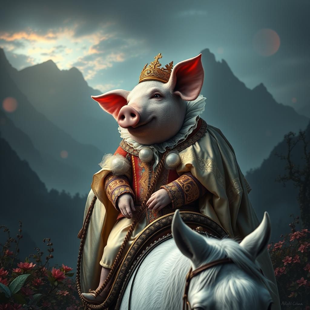 Regal Pig on Horse in Mystical Twilight Realm