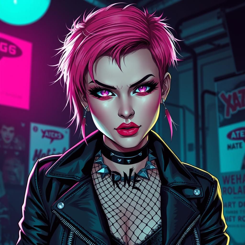 Punk Rock Woman with Pink Hair in Comic Book Style