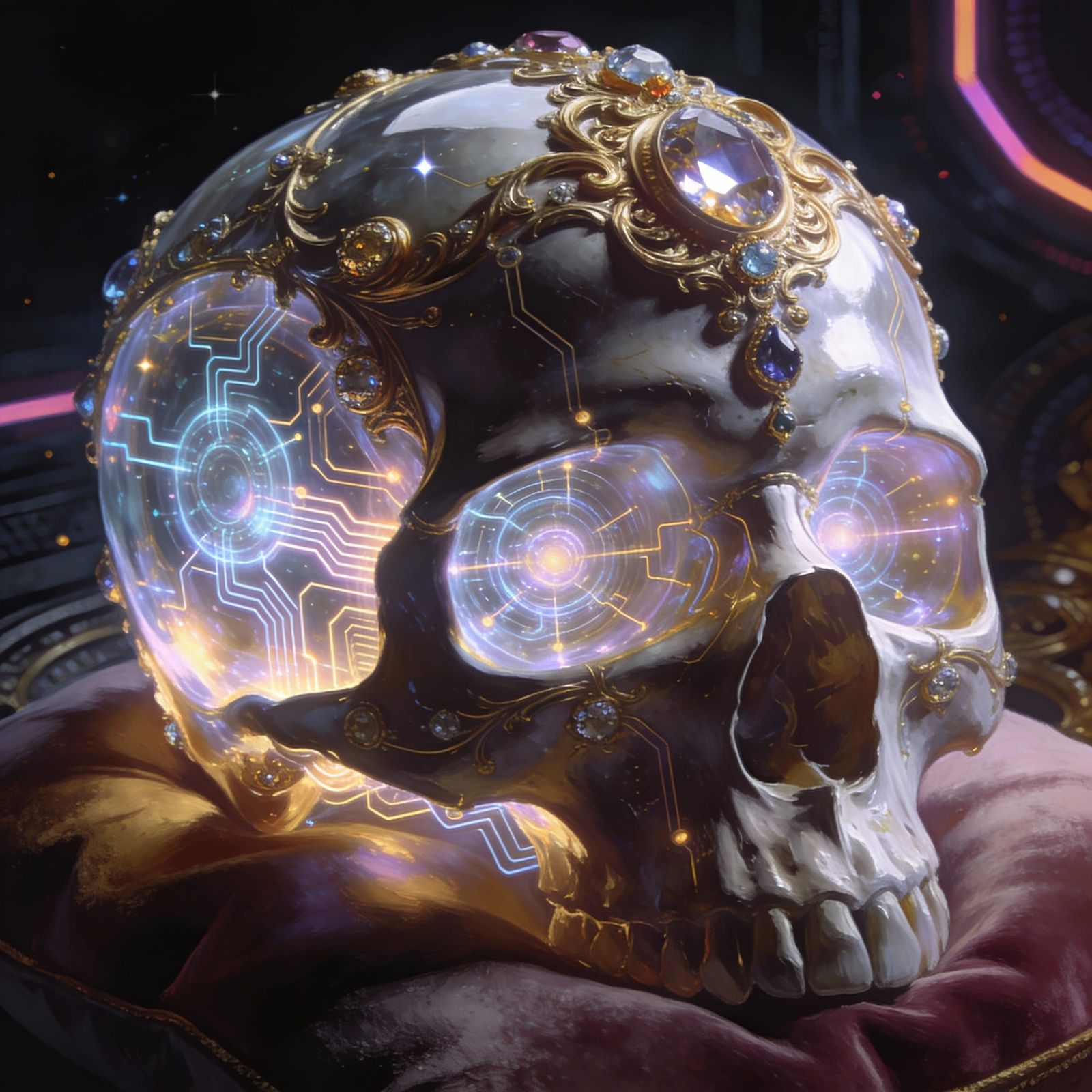 Gleaming Skull with Gold Filigree and Quantum Circuits