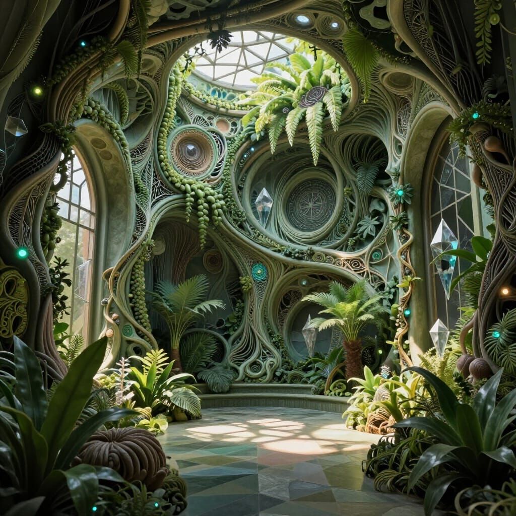 Exotic Biophilic Room With Surreal Geometric Nature Design