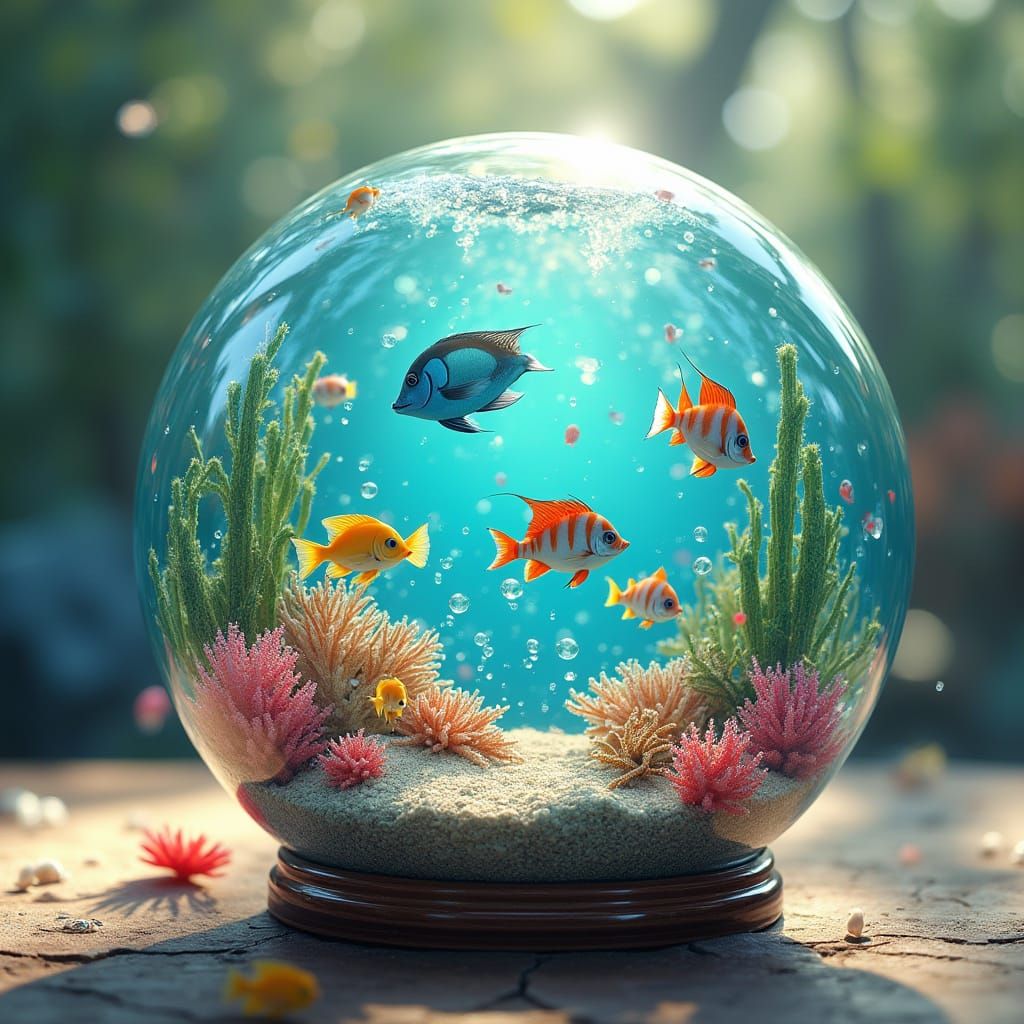 Whimsical Tropical Fish Scene in a Glass Globe