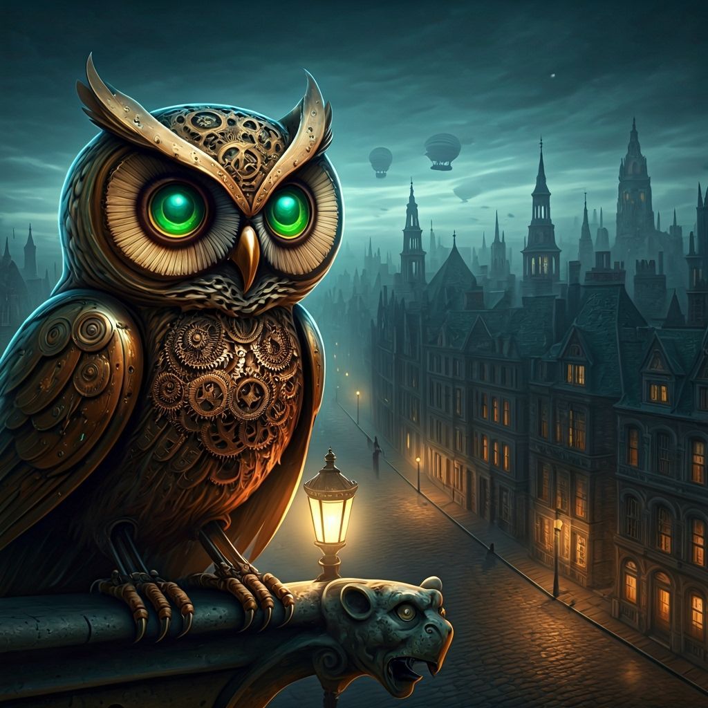 Steampunk Mechanical Owl Over Foggy Victorian Cityscape