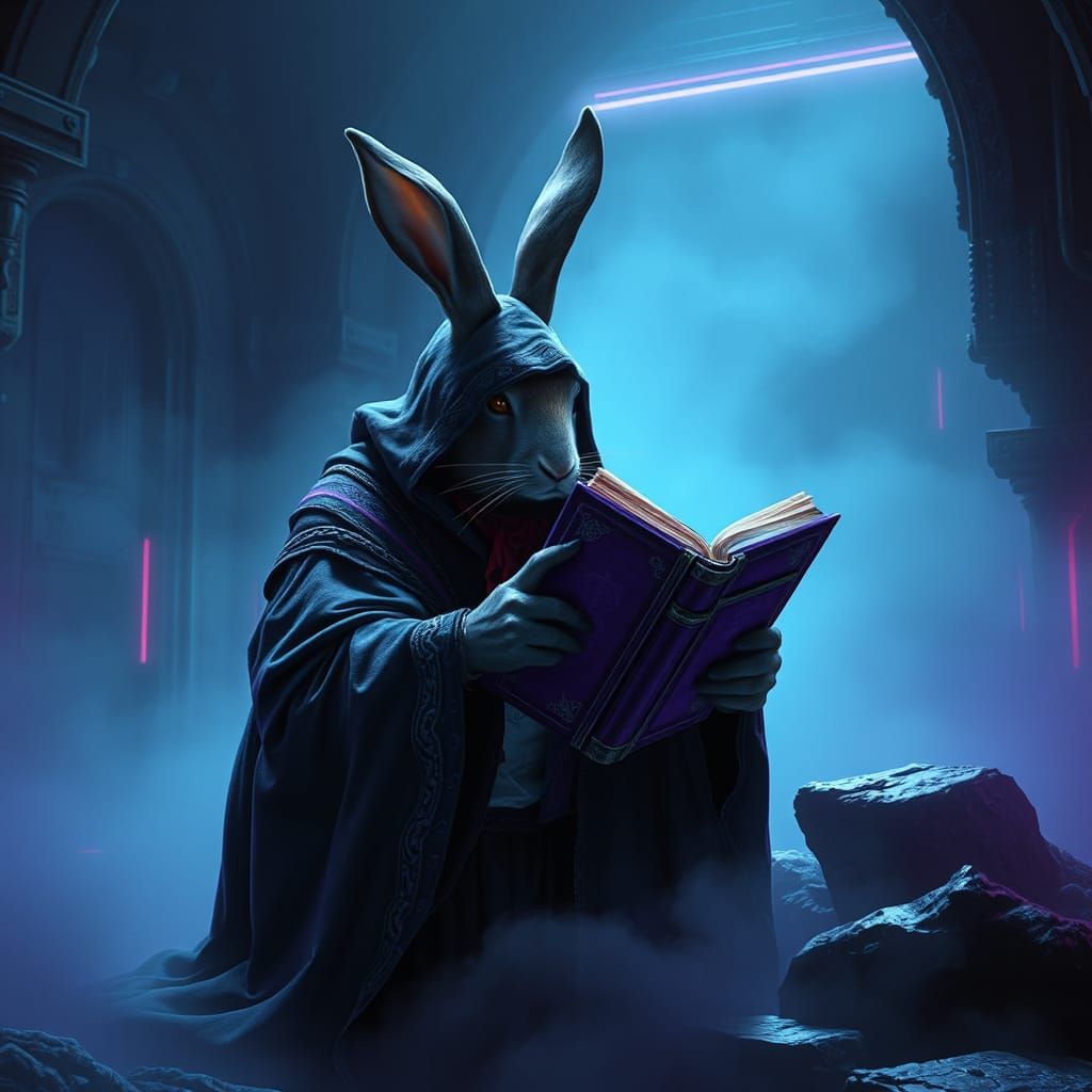 Rabbit Sorcerer Reads Spellbook in Futuristic Chamber
